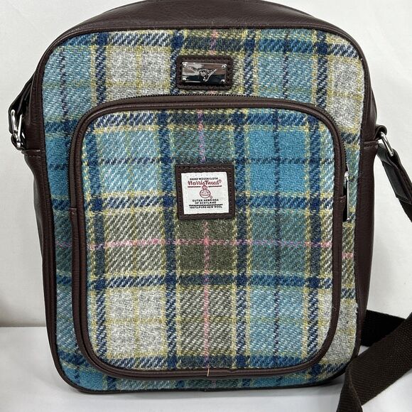 Harris Tweed Crossbody Messenger Travel Shoulder Bag Wool Turquoise Tartan Plaid - Picture 1 of 13